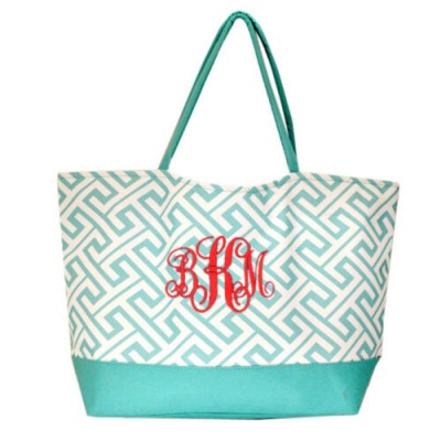 32527-AQUA GREEK KEY DESIGN SHOPPING OR BEACH BAG(SMALL)